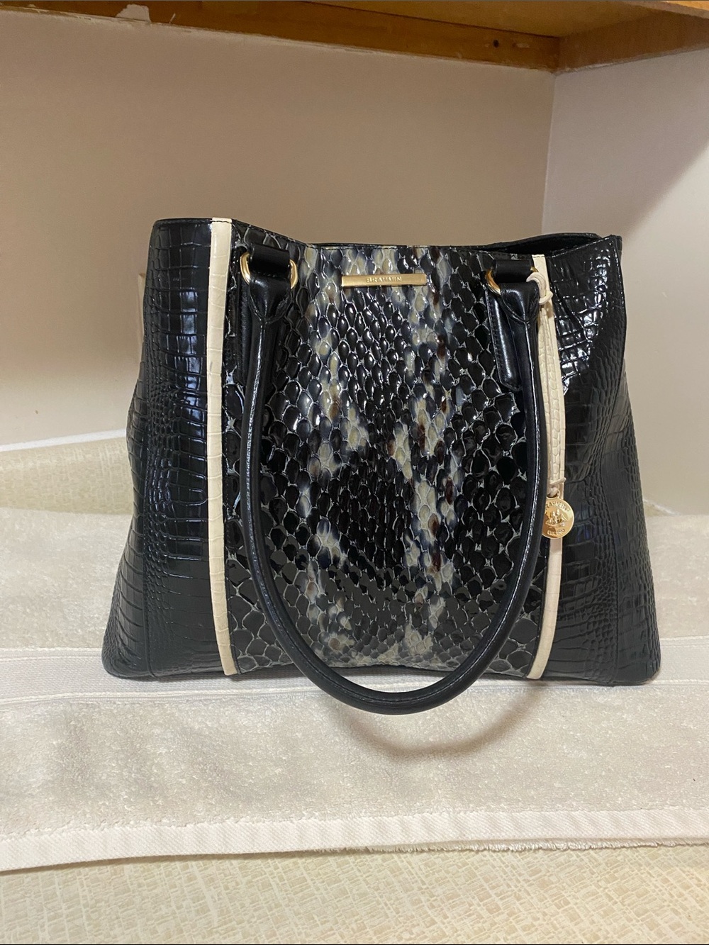 Brahmin Black & Cream Faux Snakeskin Shoulder Tote
